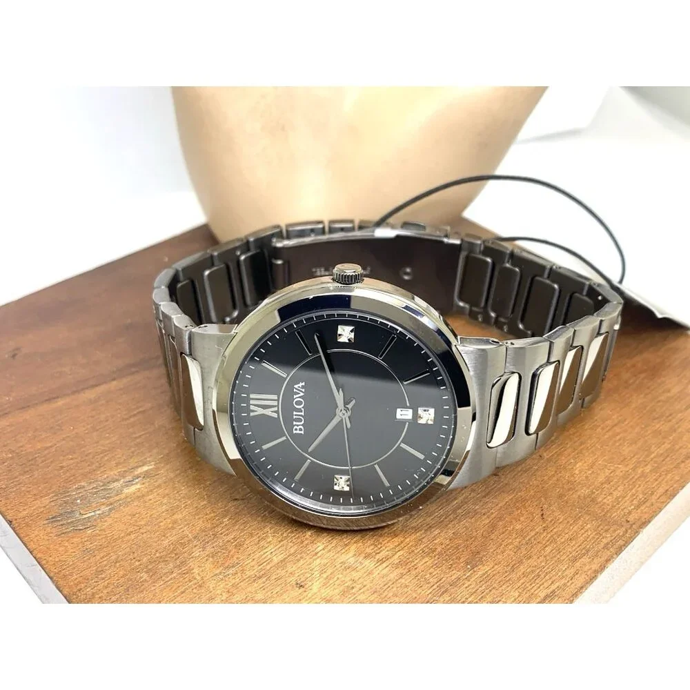 Bulova Mens Watch 98D162 Quartz Gunmetal Black Diamond Dial Stainless Steel 41mm